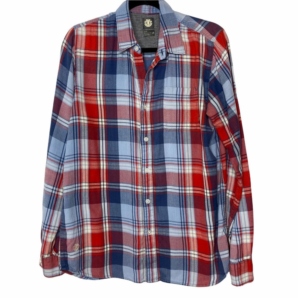 Element Mens Button Front Shirt Red Plaid Long Sleeve Spread Collar Cotton L